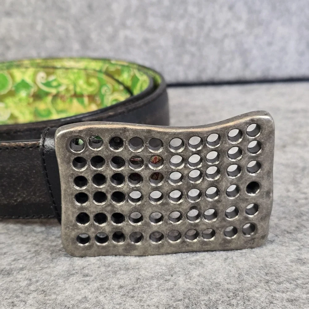 Robert Graham Belt Mens Black Leather Green Paisley Lining Silver Buckle 43